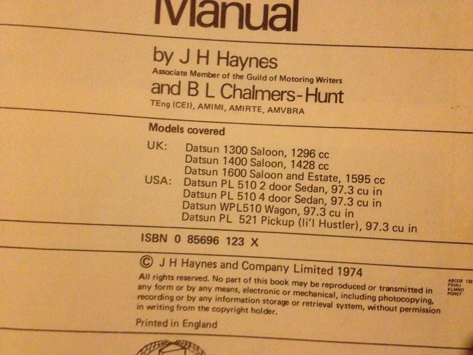 DATSUN 510 @ PL521 HAYNES WORKSHOP MANUAL