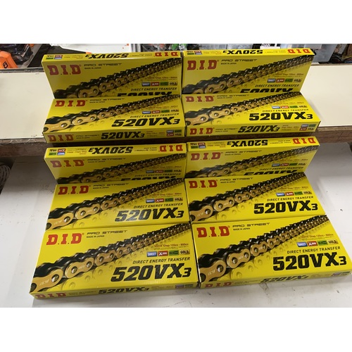 10 X DID 520 VX3 X RING CHAIN - BLACK & GOLD BULK BOX BUY KTM CRF WR WRF YZ YFX TE FE RM RMZ DR XR