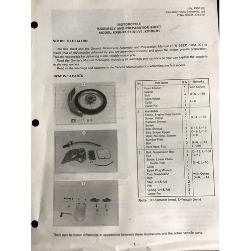 KAWASAKI KX80-R1 KX100-B1 ASSEMBLY AND PREPERATION SHEETS